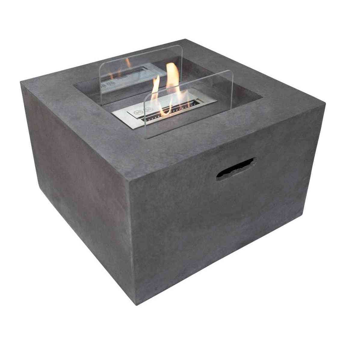 Dark concrete grey square bio ethanol fire pit with stainless steel burner and glass wind guards