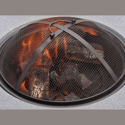 Top view of concrete grey fire bowl with mesh cover over glowing embers
