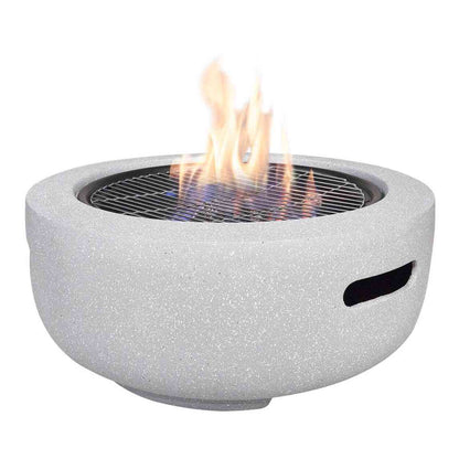 Field & Flame Dahlia concrete grey wood burning fire pit with grill and flames