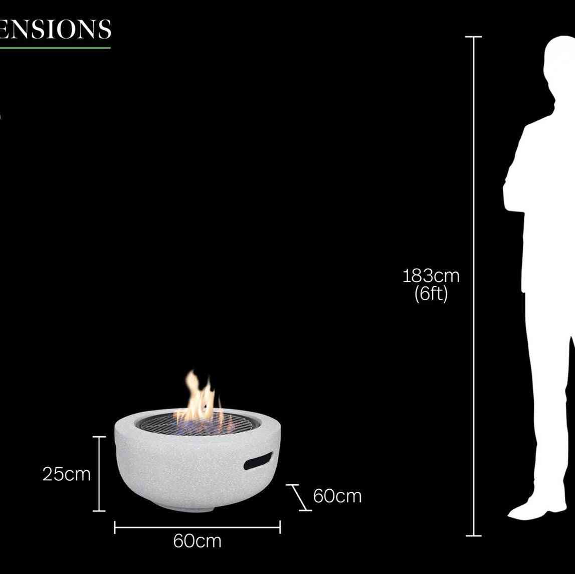 Fire pit dimensions graphic showing 60cm diameter scale with person silhouette