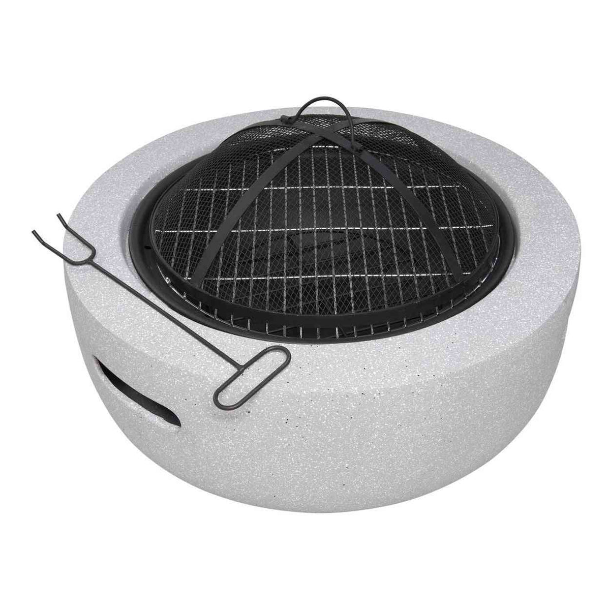 Dahlia fire pit with mesh safety cover and included fire poker accessory