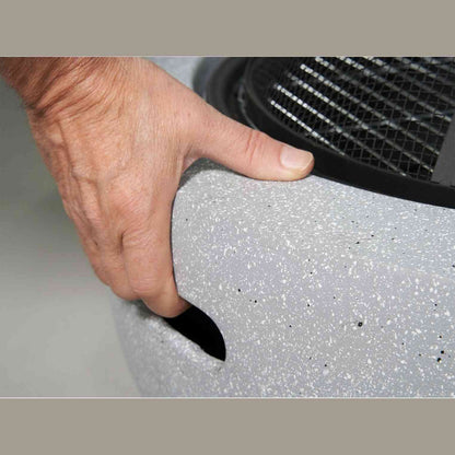 Concrete grey fire pit side handle detail with speckled texture
