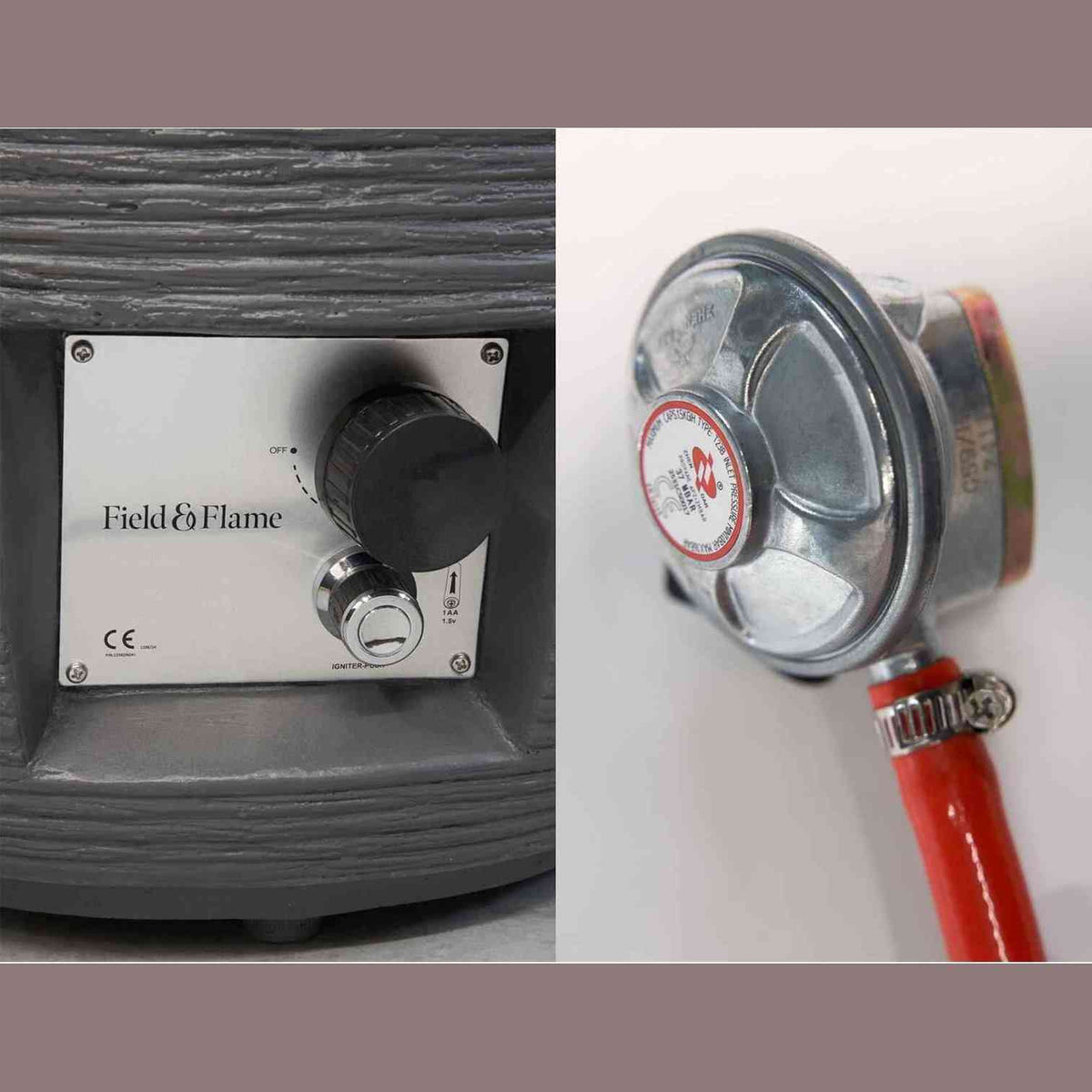 Field & Flame Marilla gas fire pit control panel with rotary knob and igniter button