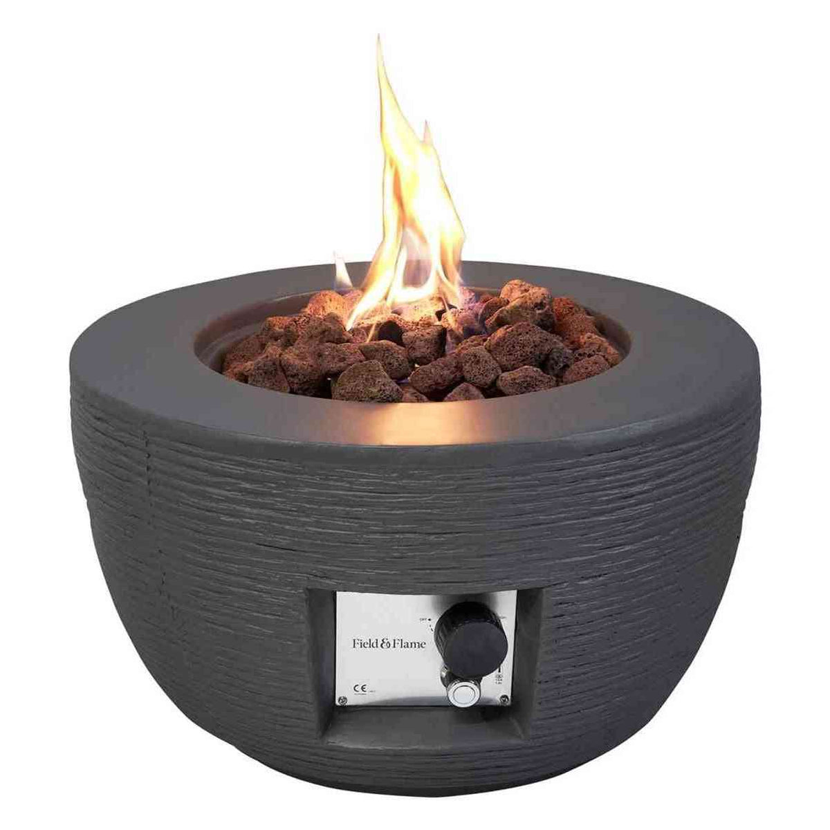 Charcoal grey bowl-style gas fire pit with horizontal grooves and lit lava rock center