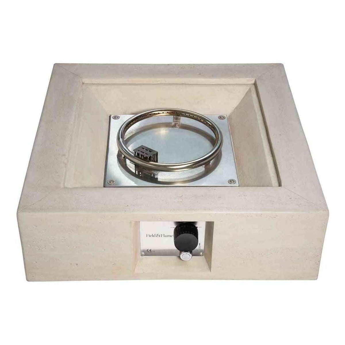 Top-down view of stainless steel burner and control panel on gas fire pit