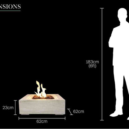 Dimensions diagram showing 62cm square gas fire pit size next to human silhouette