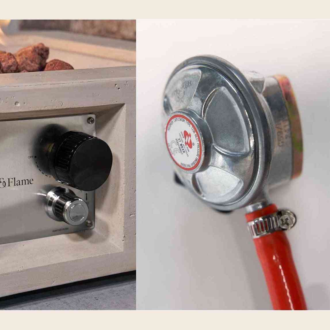 Gas fire pit control panel with rotary knob and attached pressure regulator