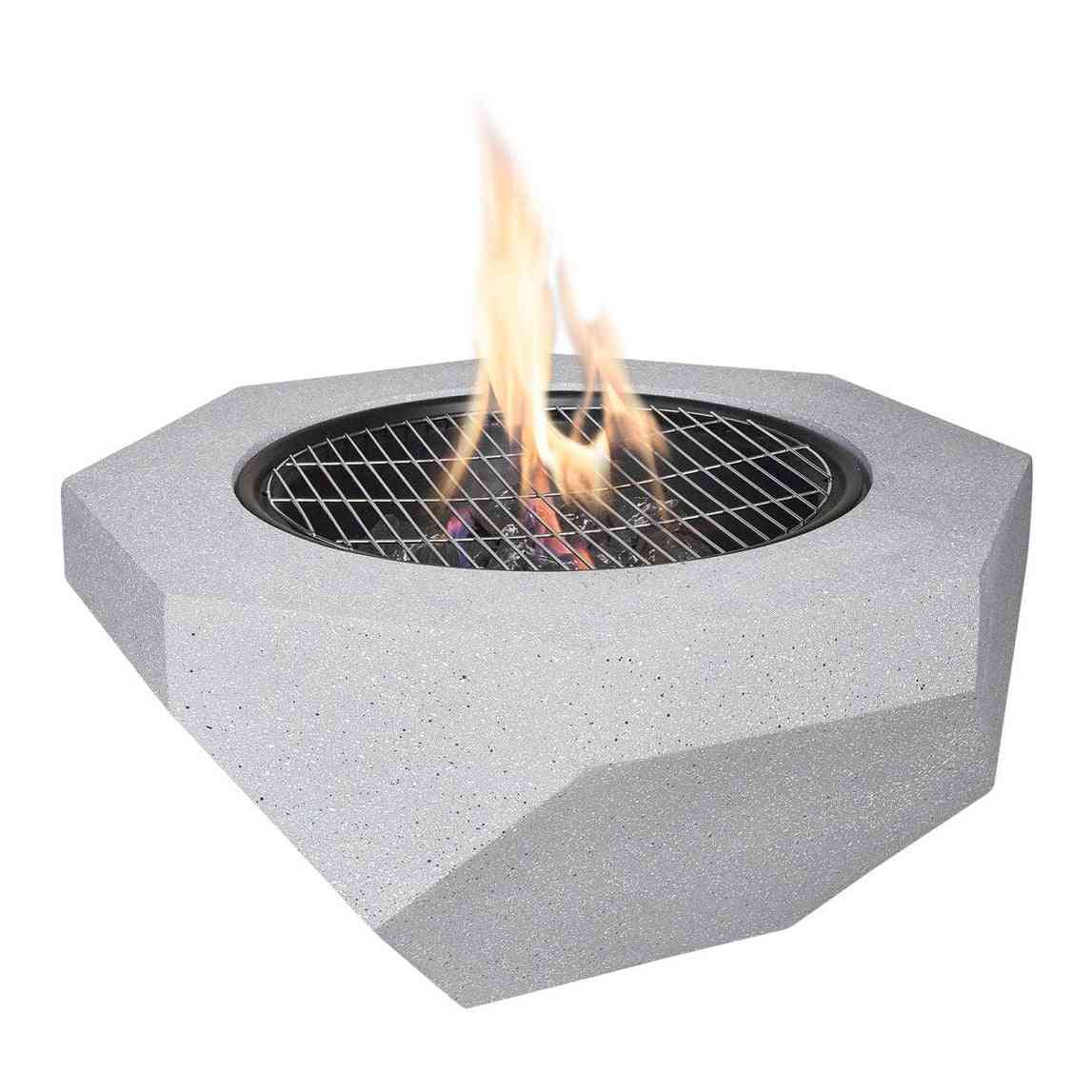 Field & Flame Rhoda octagonal fire pit with active flames on white