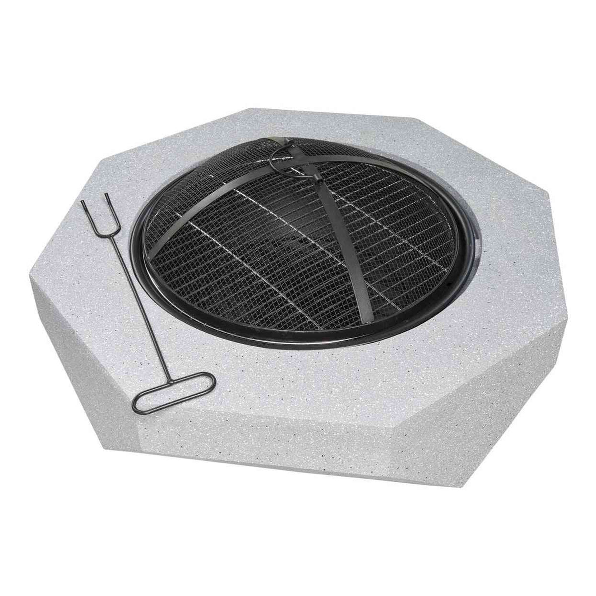 Grey concrete fire pit with black mesh lid and cooking tool included