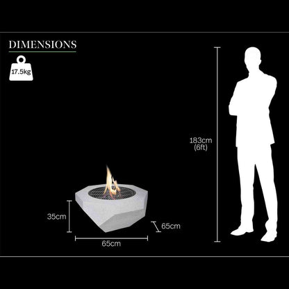 Dimensions graphic of octagonal concrete grey fire pit with scale