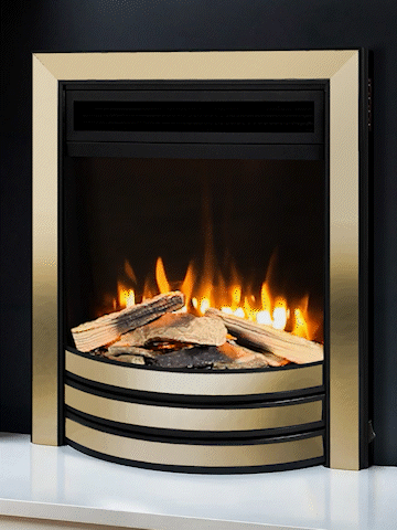 Modern traditional style Flavel Proflame electric fire insert with an open-fronted warm amber flame effect, detailed split wood logs, and a premium 3-tier curved brass trimmer fascia.