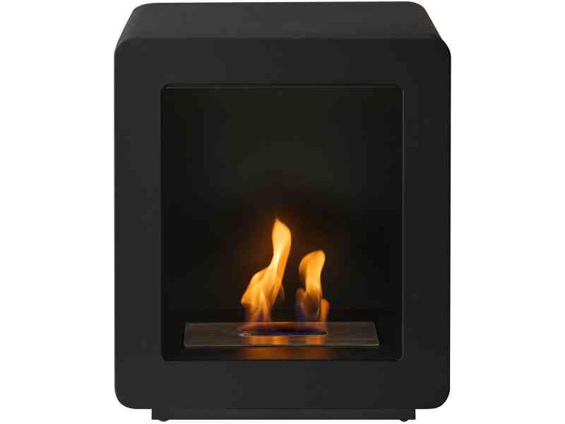 Close-up of the black bio ethanol stove showing its compact, contemporary shape and flame inside for home heating