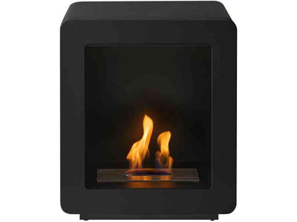 Close-up of the black bio ethanol stove showing its compact, contemporary shape and flame inside for home heating