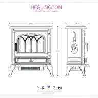 Technical line drawing of Heslington freestanding cast iron electric stove showing front and side elevation dimensions