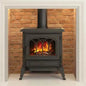 Heslington freestanding cast iron electric stove in matt black with arched triple-paned glass window and glowing flame
