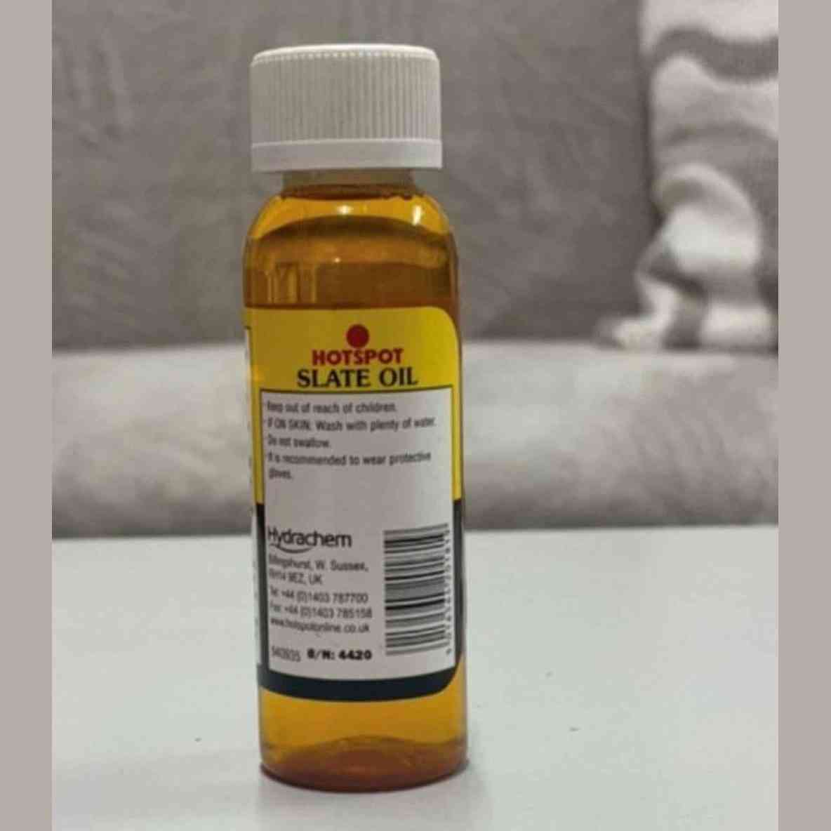 Hotspot Slate Oil 100ml rear label displaying safety warnings and manufacturer details
