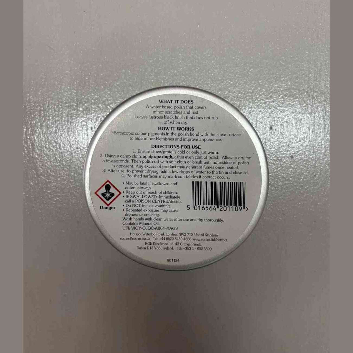 Back of Hotspot Stove & Grate Polish tin showing safety warnings and directions