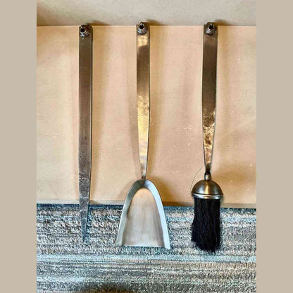 Industrial forged steel fireplace companion set with poker shovel and brush in antique pewter