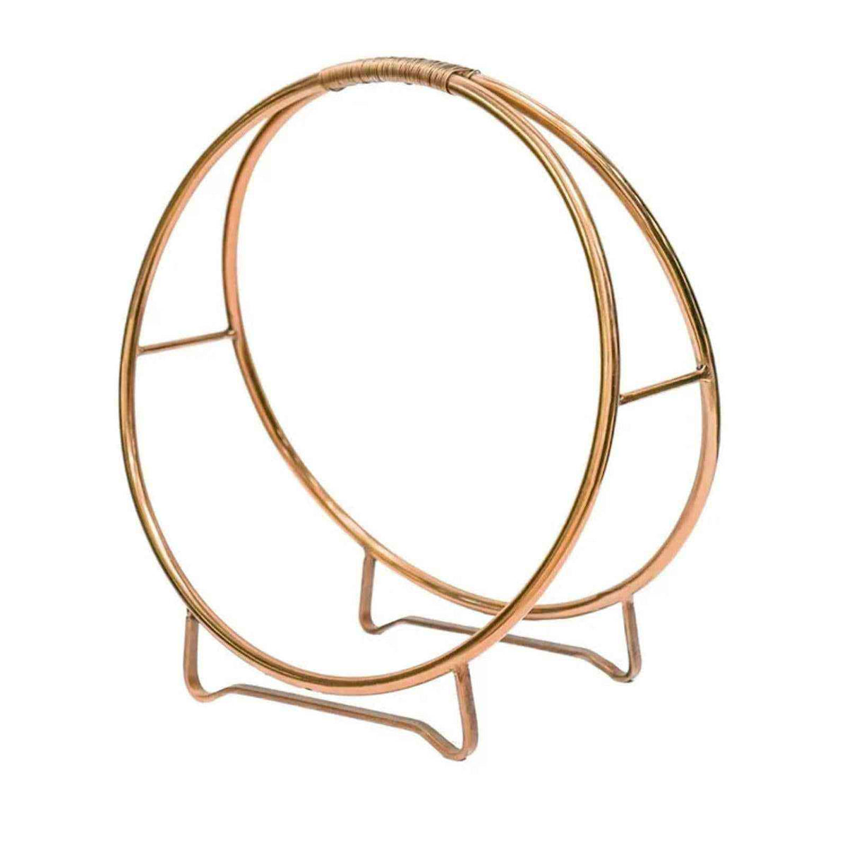 Empty round copper iron log holder with wrapped wire handle