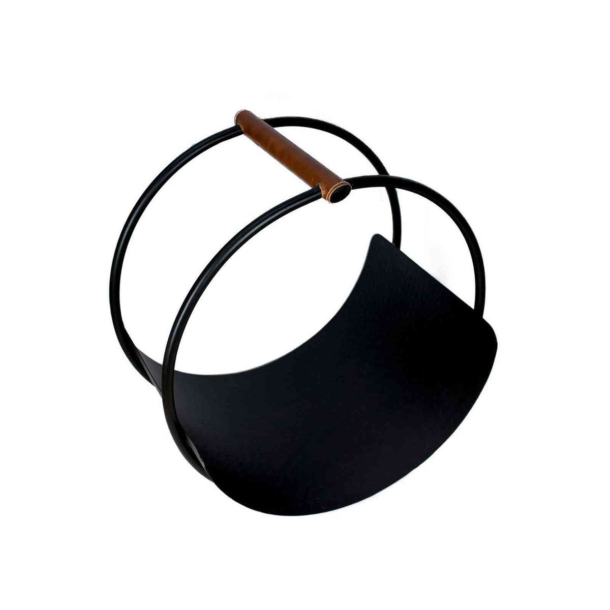 Empty Ivyline matte black iron log holder with curved leather handles on white background