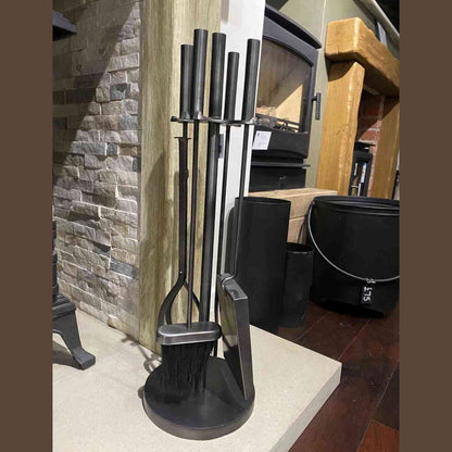 Front view of Mortimer 4-piece fireside companion set with matte black handles