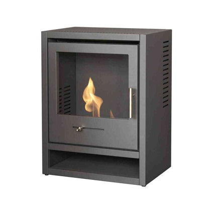 White background studio shot of charcoal grey flueless bio fuel heater front view