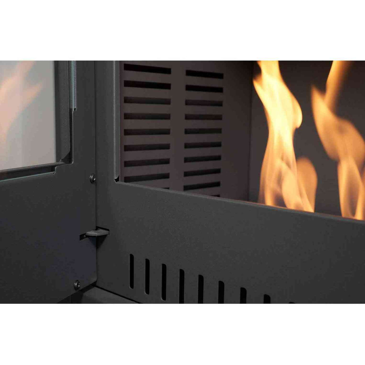 Charcoal grey freestanding heater side hinge and vertical vent slot detail