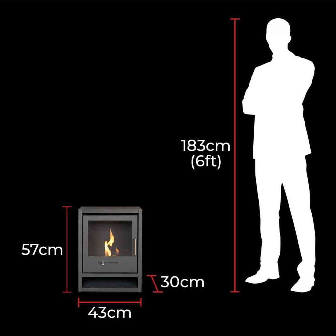Size comparison of charcoal grey bio ethanol stove next to human silhouette