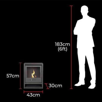 Size comparison of charcoal grey bio ethanol stove next to human silhouette