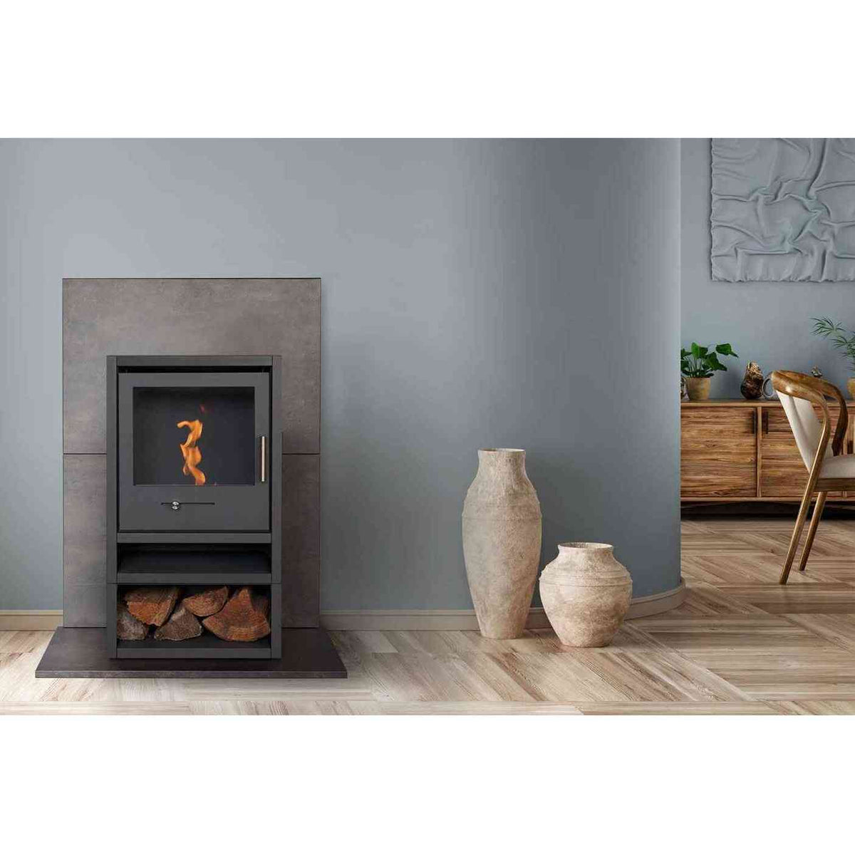 Modern charcoal grey indoor ethanol stove in living room with wood storage shelf