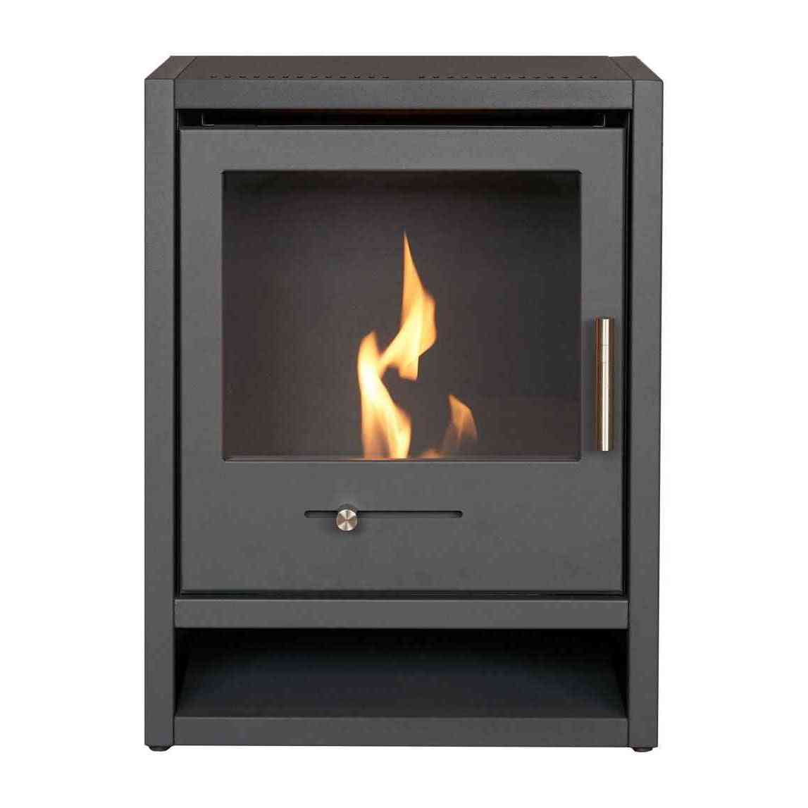 Charcoal grey ethanol fireplace with perforated top surface and lower open shelf