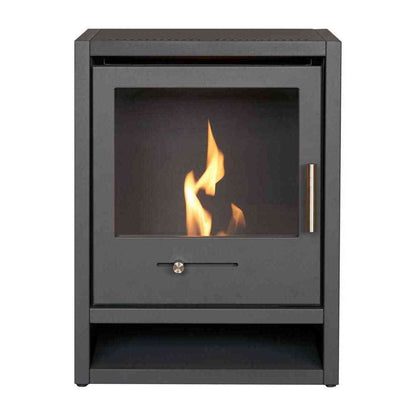 Charcoal grey ethanol fireplace with perforated top surface and lower open shelf