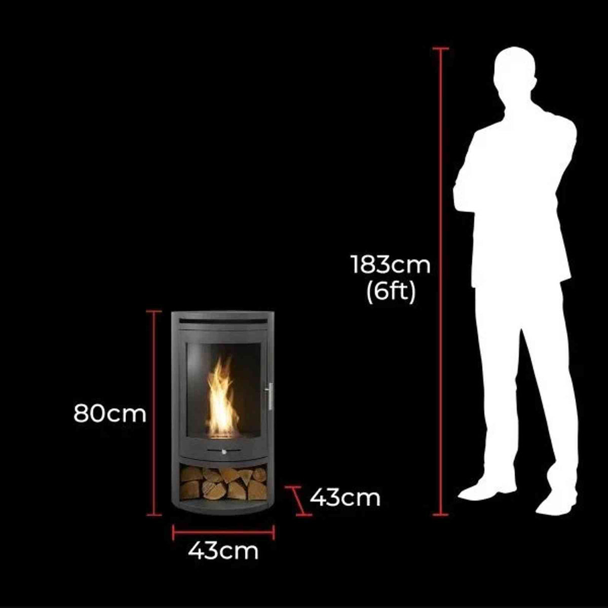 Size comparison showing 80cm tall charcoal grey OKO S5 bio ethanol stove next to human silhouette for scale