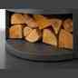 Charcoal grey OKO S5 bio ethanol stove with integrated curved log storage compartment holding stacked wood