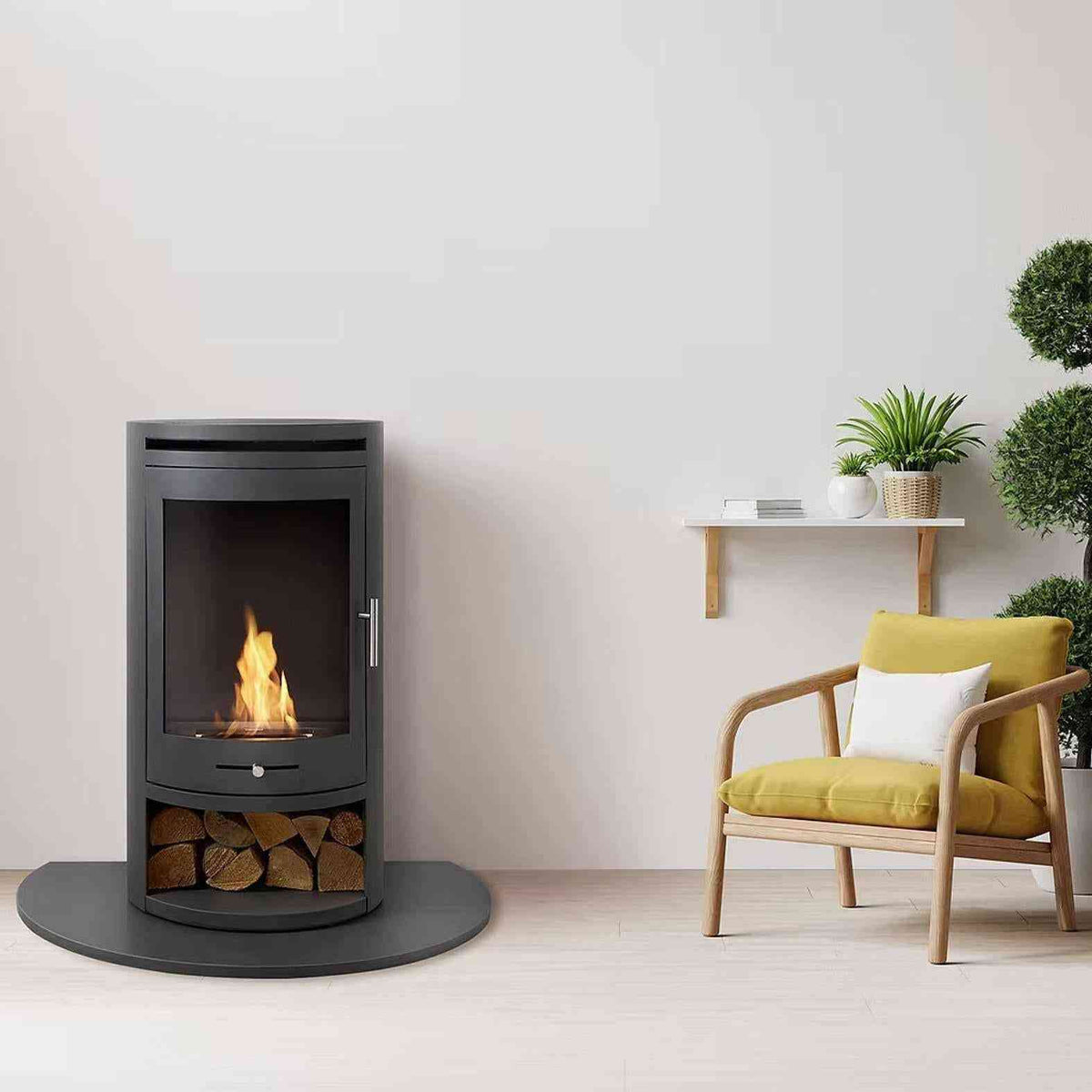 Full view of charcoal grey OKO S5 bio ethanol stove with glass front flame and log storage in modern living room