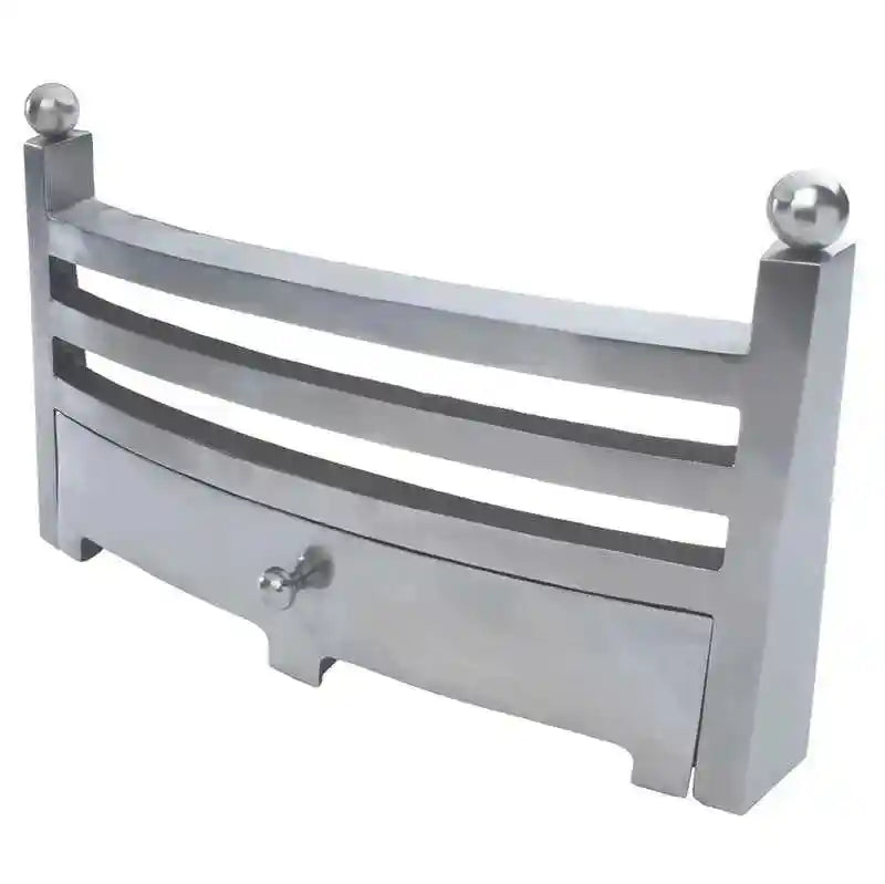 Side view of modern chrome fireplace front showing curved profile and three bars