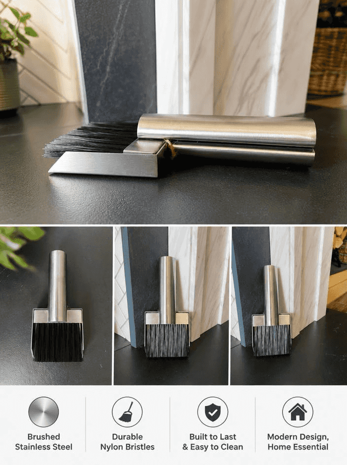 Calfire stainless steel hearth tidy set with black nylon bristles and magnetic attachment for fireplace maintenance, compact design