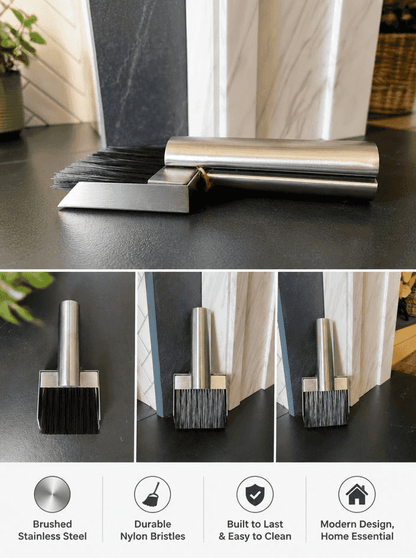 Calfire stainless steel hearth tidy set with black nylon bristles and magnetic attachment for fireplace maintenance, compact design