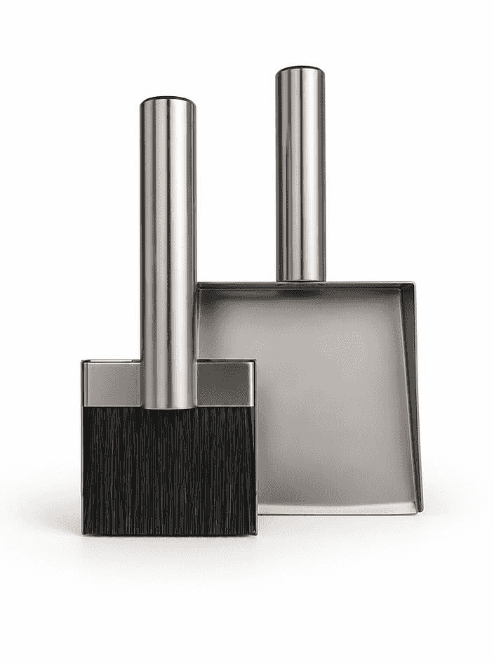 Calfire stainless steel hearth tidy set with magnetic design, includes a black wood-textured scoop and a rectangular metal tray for fireplace maintenance