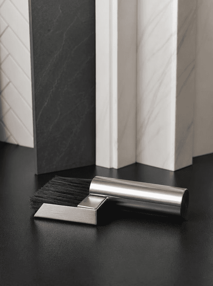 Calfire stainless steel hearth tidy set with magnetic brush and dustpan for fireplace maintenance, compact and modern design