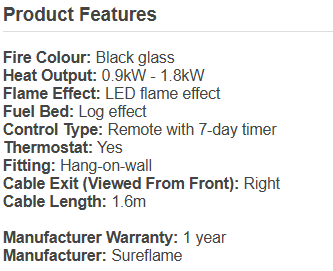 Sureflame WM-9331 42" Electric Wall Mounted Fire – Black Glass with Remote
