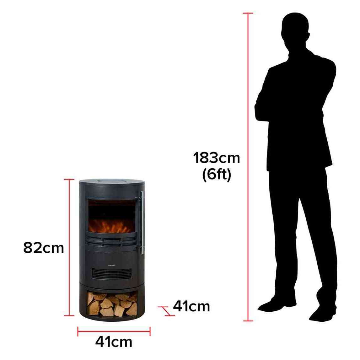 Size comparison of 82cm tall Sureflame Dunston electric stove next to human silhouette