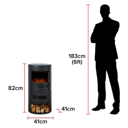 Size comparison of 82cm tall Sureflame Dunston electric stove next to human silhouette