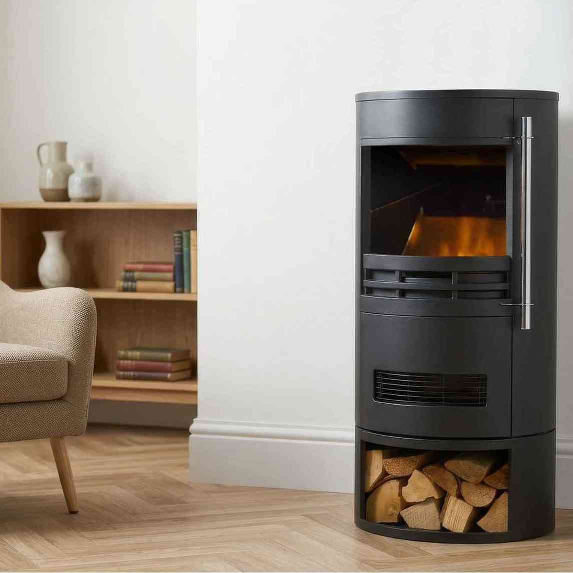 Black freestanding electric stove with log store beside armchair in cozy living space