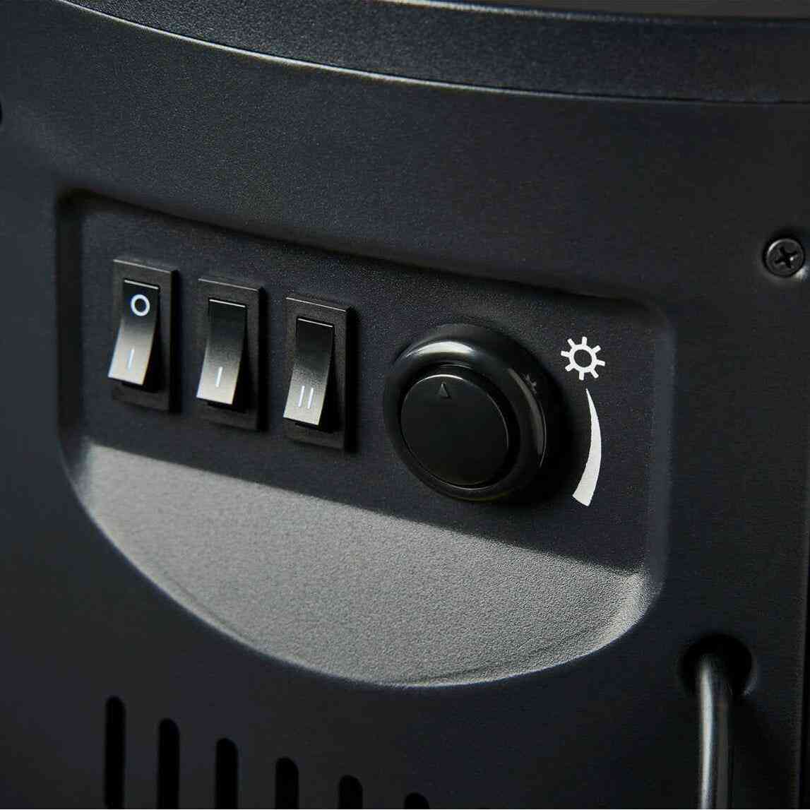 Close-up of Sureflame Dunston control panel with toggle switches and thermostat dial