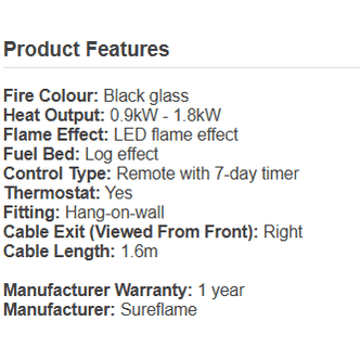 Sureflame WM-9331 electric wall fire specifications including heat output and log effect