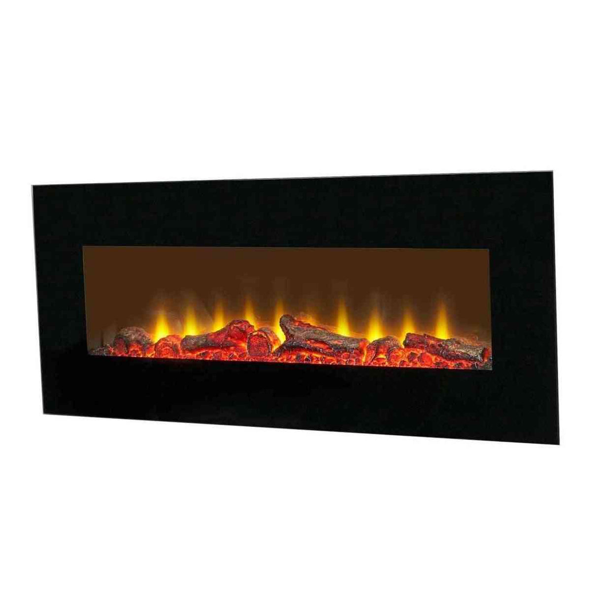 Slim profile side angle of Sureflame black wall mounted electric fireplace with LED flames