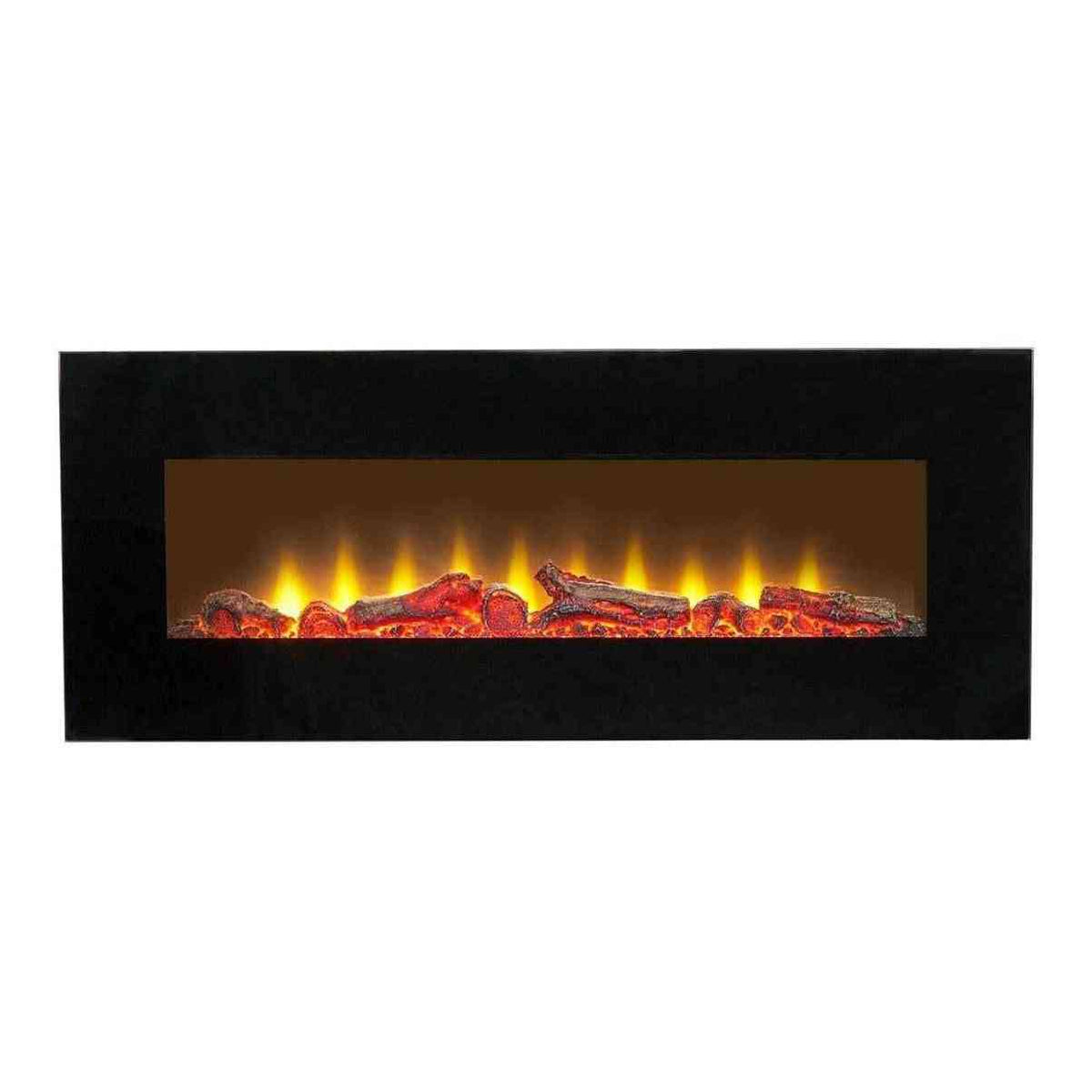 Front view of Sureflame black electric fireplace with realistic LED log effect flames