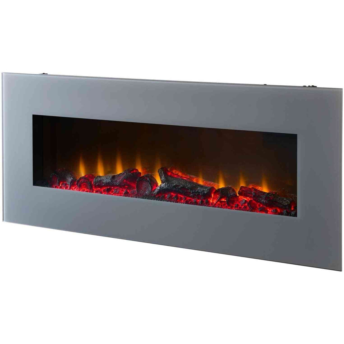 Modern grey wall-mounted electric fireplace with realistic glowing logs and LED flames, ideal for contemporary home decor.