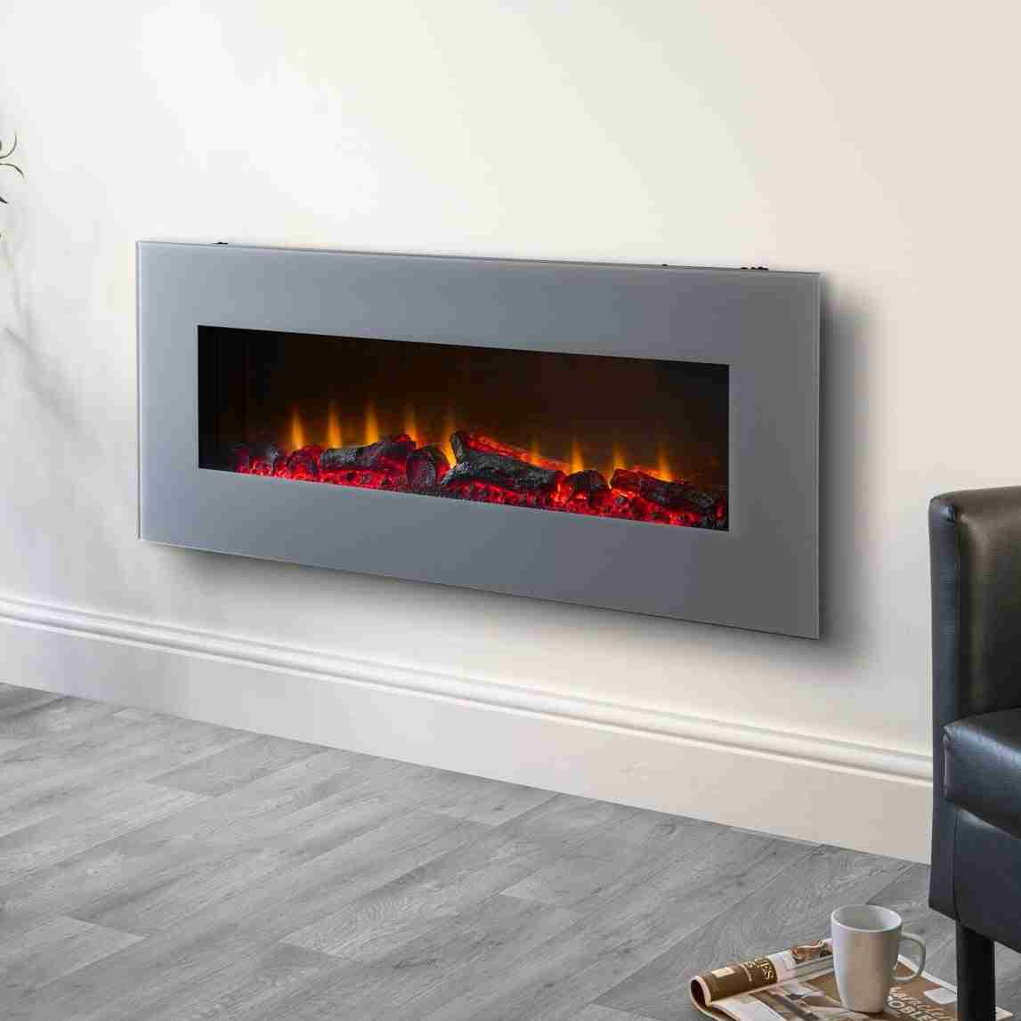 Modern 42 inch electric wall fire with grey frame, realistic LED flame effect, and glowing logs, wall-mounted for contemporary living rooms.